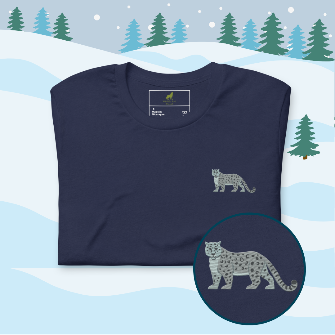 Snow leopard Cotton T-Shirt - Embroidered - Wildlife Soul   Snow leopard Cotton T-Shirt - Embroidered