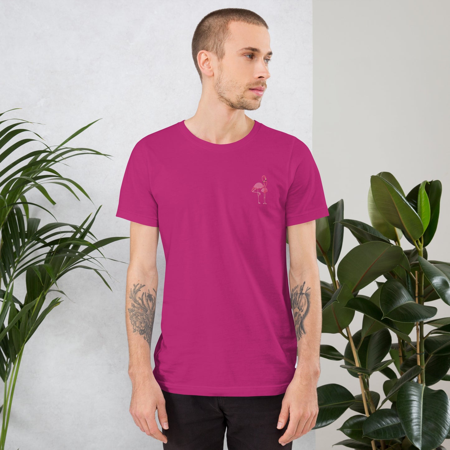 Flamingo Cotton T-Shirt - Embroidered - Wildlife Soul   Flamingo Cotton T-Shirt - Embroidered