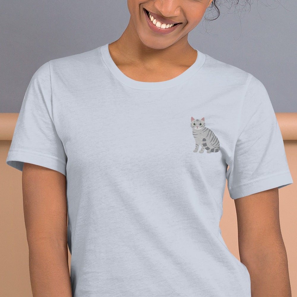 Grey Cat T-Shirt - Embroidered - Wildlife Soul   Grey Cat T-Shirt - Embroidered