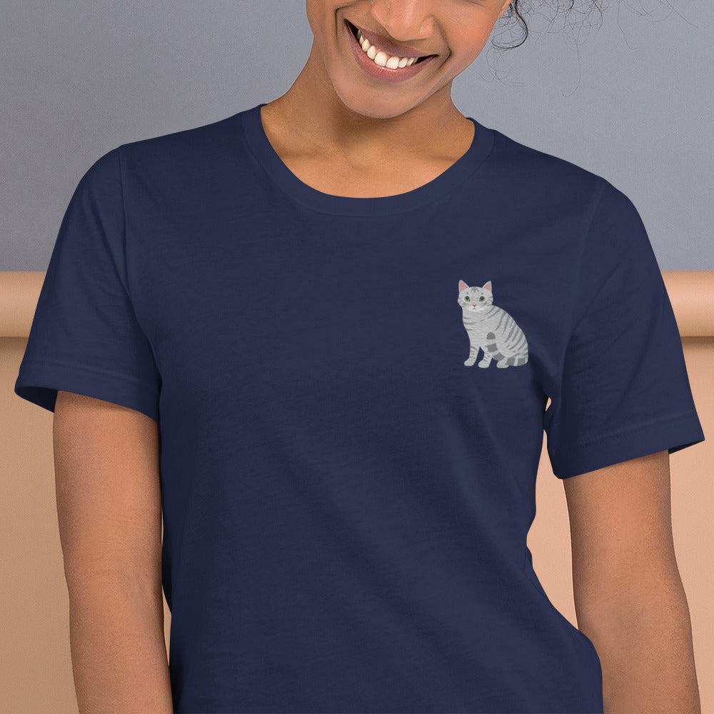 Grey Cat T-Shirt - Embroidered - Wildlife Soul   Grey Cat T-Shirt - Embroidered