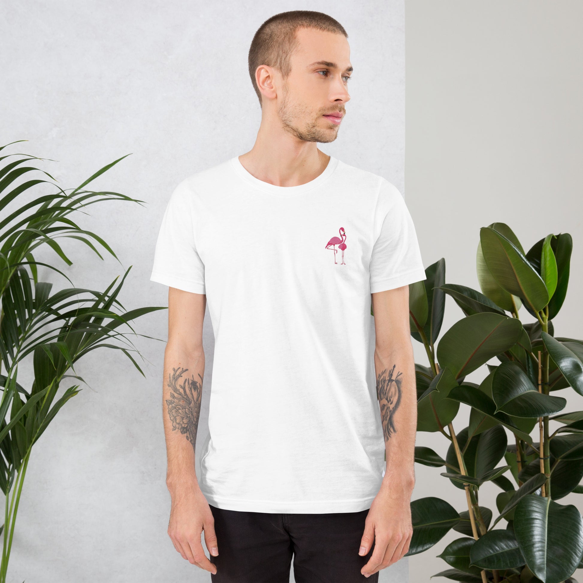 Flamingo Cotton T-Shirt - Embroidered - Wildlife Soul   Flamingo Cotton T-Shirt - Embroidered